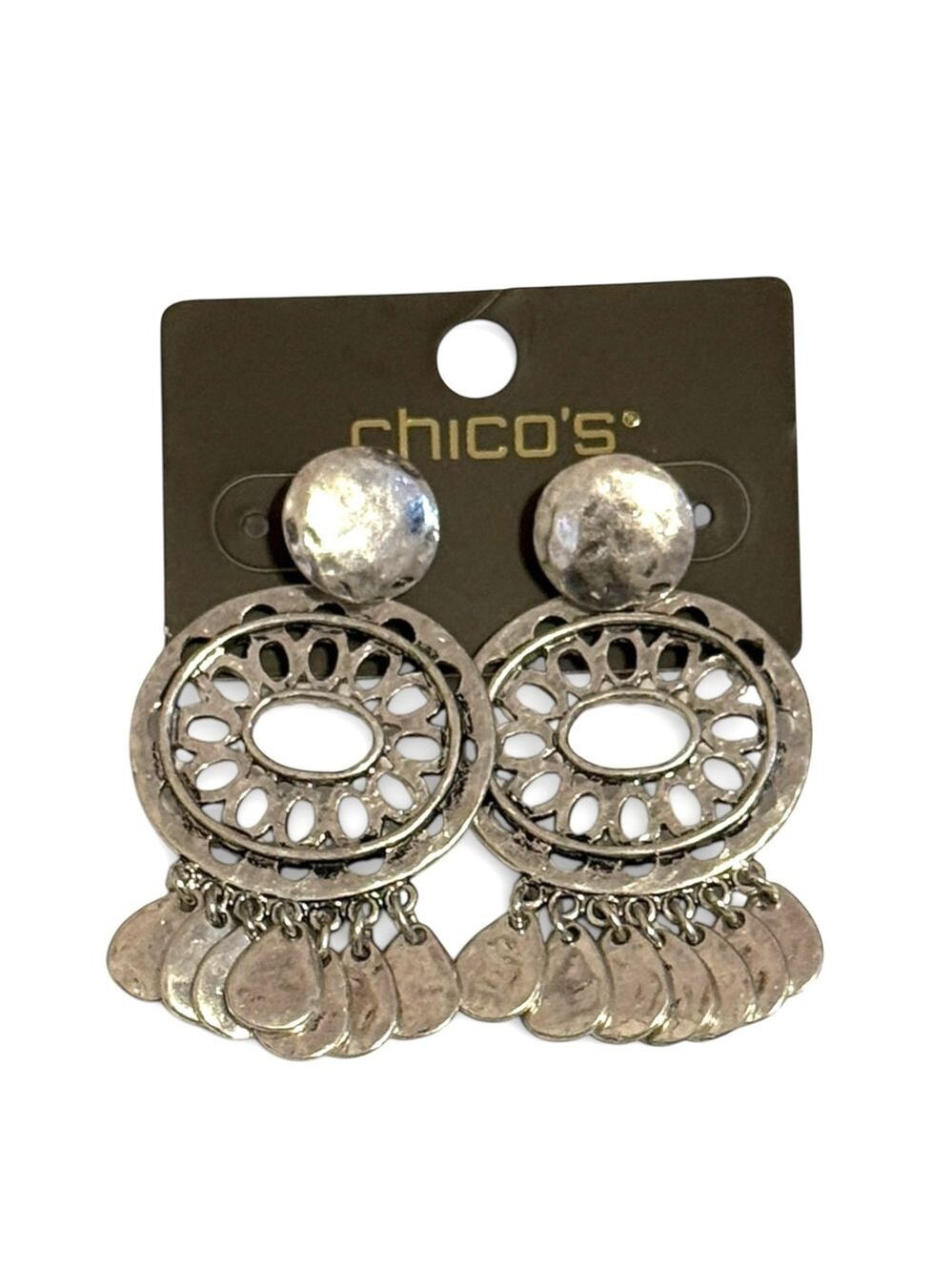 Chico's Silver Filigree Fringe Statement Earrings NWT - Picture 8 of 8